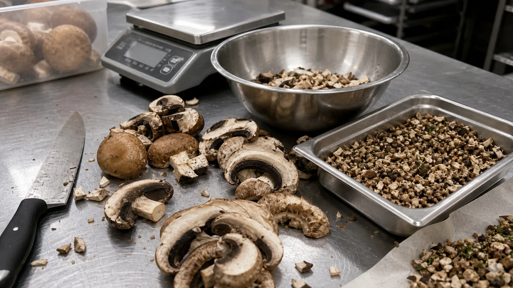 Chopped brown mushrooms prepared for foodservice mushroom blend testing
