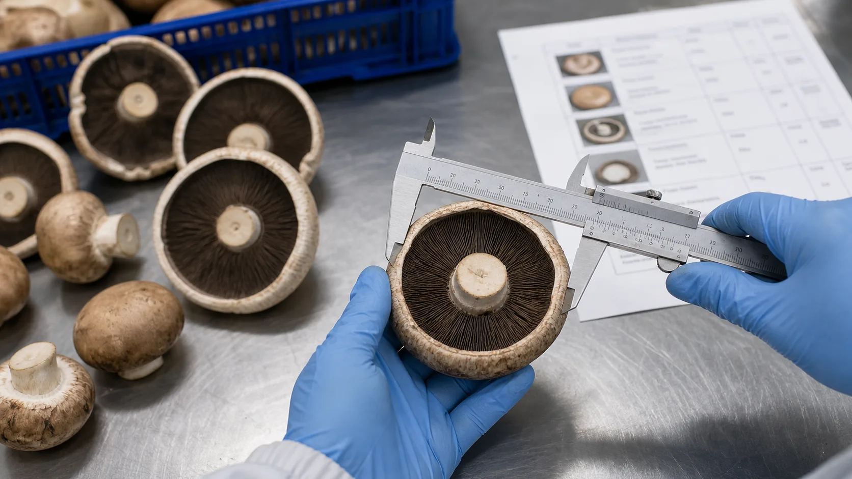 Gloved hands measuring a portobello mushroom during wholesale grade review