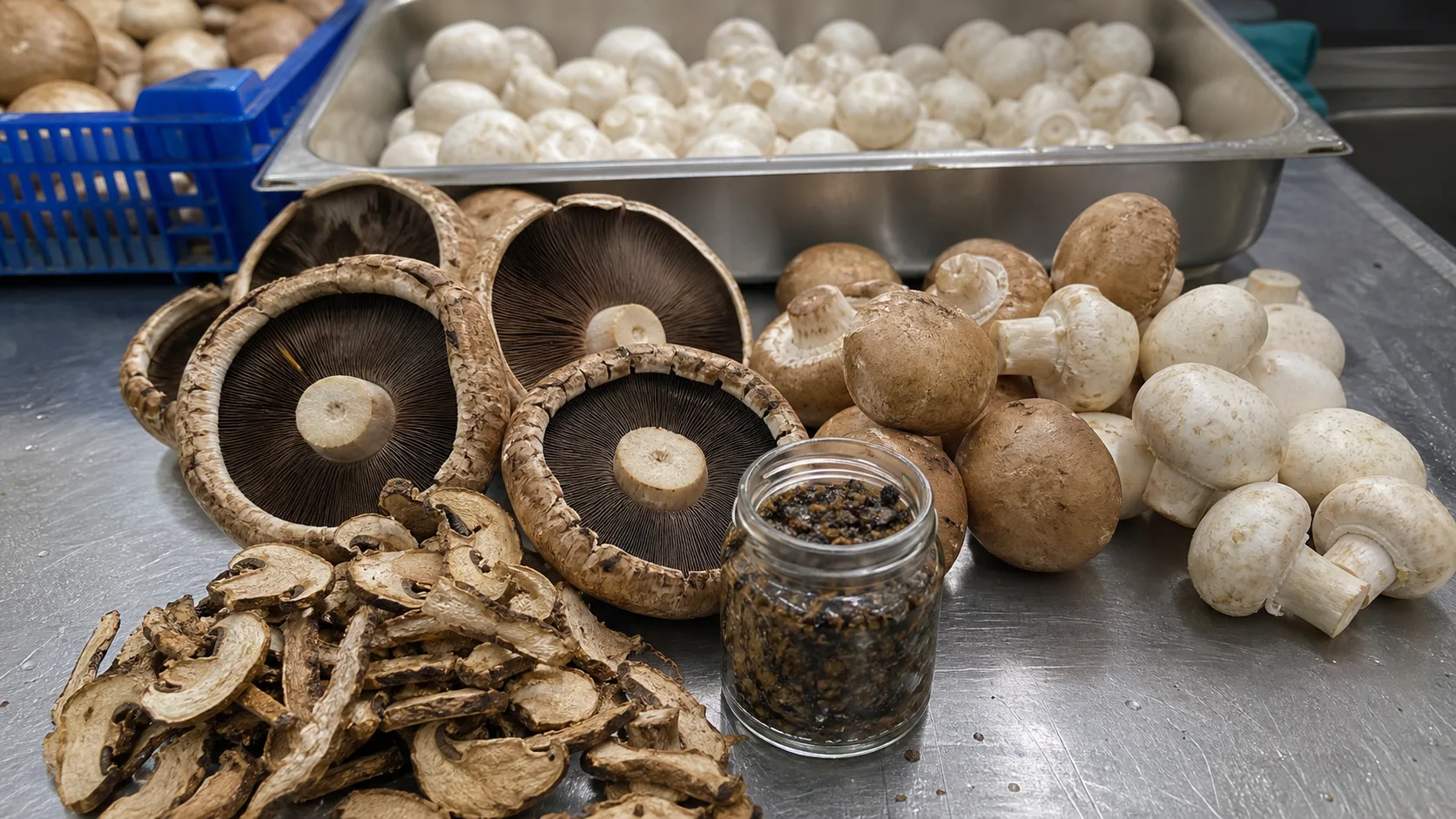 Mushrooms, dried slices, and mushroom sauce ingredients on a foodservice table