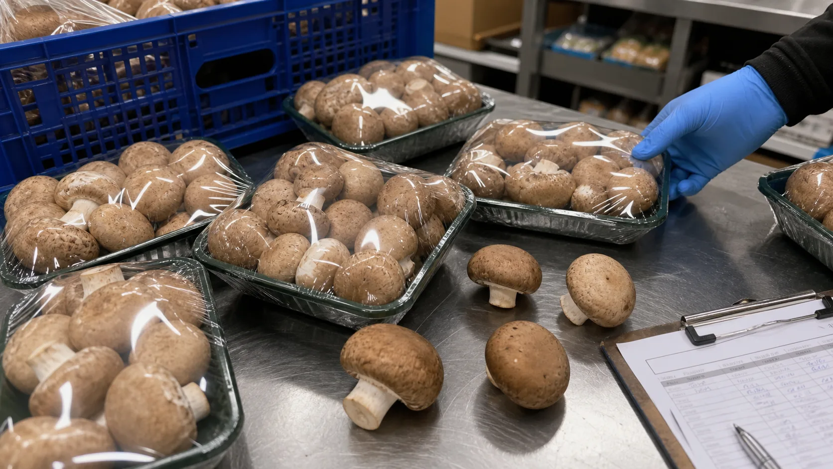 Retail mushroom packs being reviewed on a backroom packing table