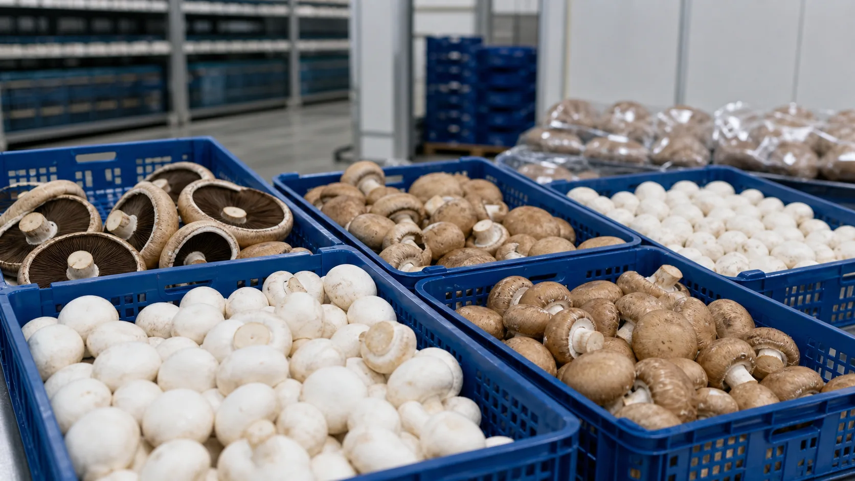 Fresh white and brown mushrooms in blue wholesale crates